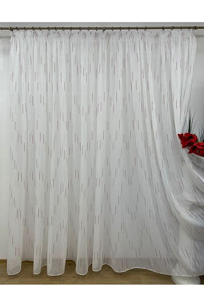 Liz Line White curtain, mechanically embroidered, with rejansa, white/red, "Game of lines" by Liz Line PD055