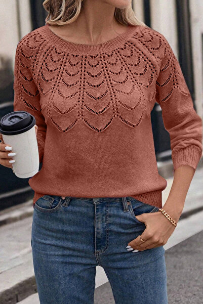 AQE FASHION Tricotaj casual cu mânecă lungă pentru femei, cu model ajurat, pulover scorțișoară