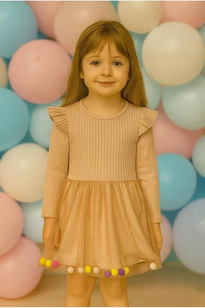 renkli diyar Girl's dress with pompom details tulle for school, kindergarten, primary school, preschool
