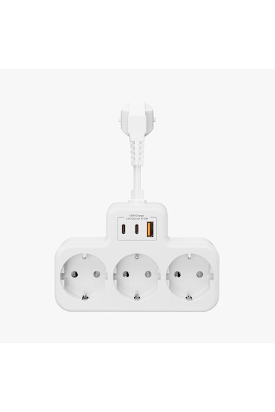 MATECHNO Çoklu Kablolu Priz Yüksek Gerilim Korumalı 3'LÜ Priz 1X USB 2X Type-C Çıkışlı Grup Priz Çoğaltıcı