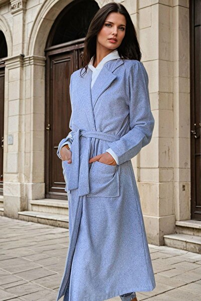 NEW LAVİVA Gray Shawl Collar, Pockets, Belt Detail, Unlined, Long Coat