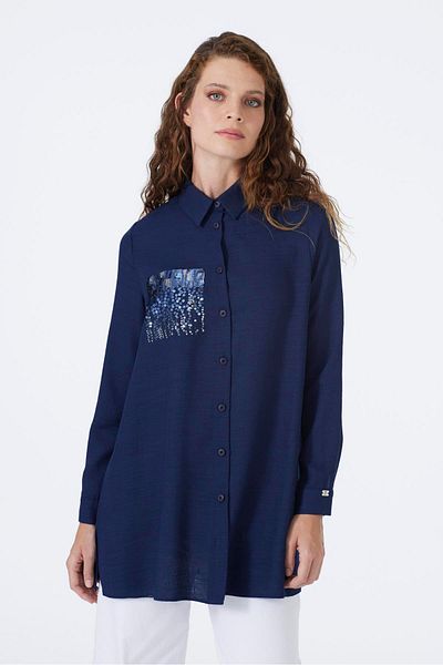 Zühre Sequin Detailed Navy Blue Shirt G-0101