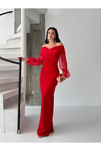 Serica Moda Red Chiffon Sleeve Detail Off Shoulder Mermaid Evening Dress
