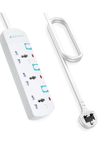 Aztech 3 Way 3M 3250W Power Extension Cord ECAS Cert 3 Universal Outlets Electrical Strip Cable UK
