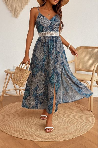 JANES Rochie de vară pentru femei, cu bretele, cu decolteu în V, cu detaliu din guipură, cu model floral, cu fantă laterală