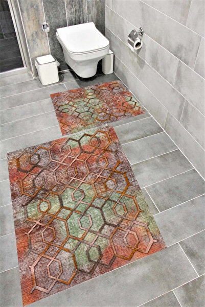 Bordo Halı مجموعة سجادة حمام مطبوعة رقمية مقاومة للماء مع قاعدة مضادة للانزلا...