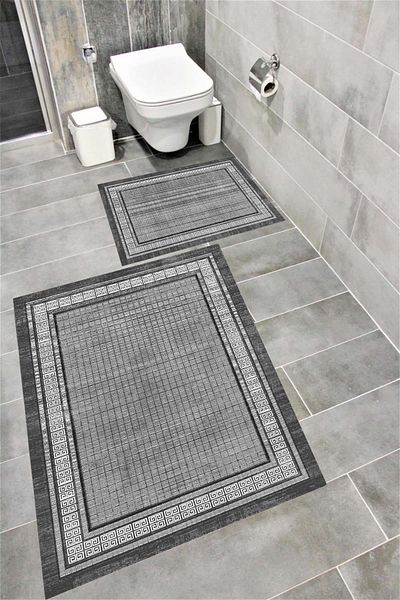 Bordo Halı Water Resistant Digital Printed Bath Mat Set with Non-Slip Base |   Burgundy Carpet 1538