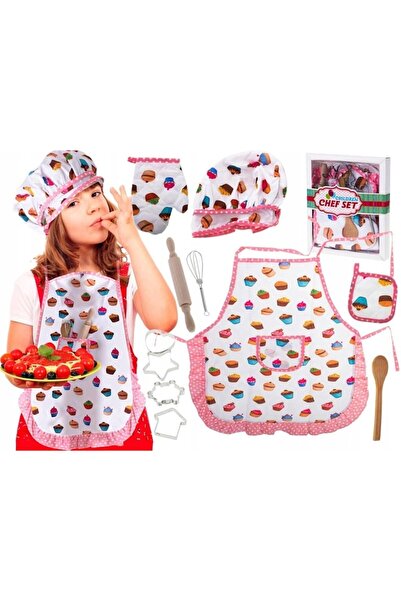 Ikonka Set de bucatarie pentru copii Ikonka, sort/manusa/caciula de bucatar, 4 forme prajituri, multicolor,