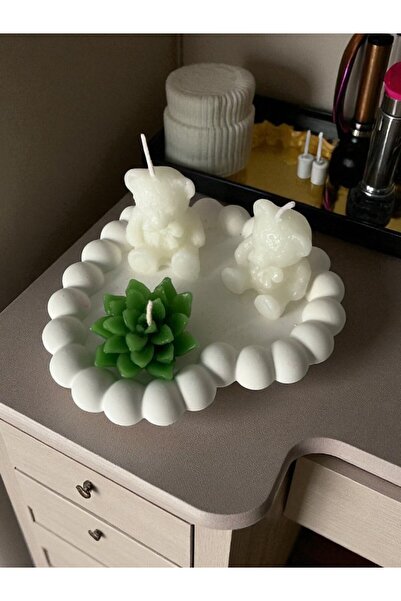 afezba Kalp Beton Takı Tabağı Üstünde 2 Adet Ayıcık ve 1 Adet Çiçek Mum