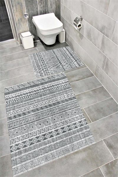 Bordo Halı Water Resistant Digital Printed Bath Mat Set with Non-Slip Base |   Burgundy Carpet 1630