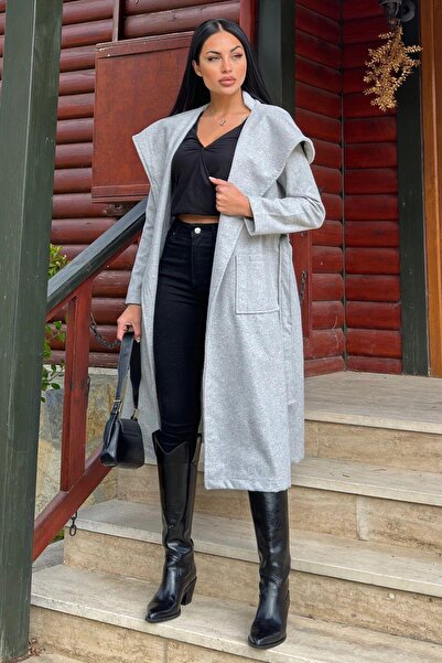 NEW LAVİVA Gray Double Breasted Neckline, Hood, Double Pocket, Waist Belt, Long Stamp Coat (No Lining)
