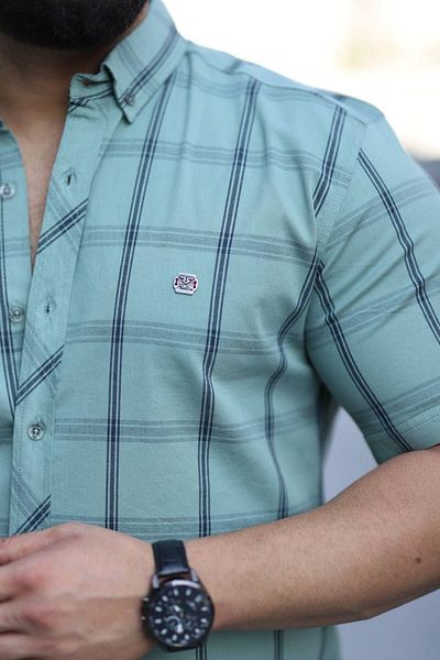 Klothy Men's Washed Short Sleeve Checkered Shirt 2462-1