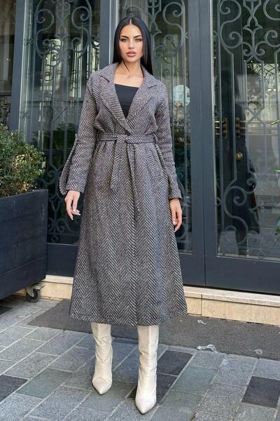 NEW LAVİVA Coffee Double Breasted Neckline, Double Pockets, Waist Belt, Long Herringbone Stamp Coat (No Lining)