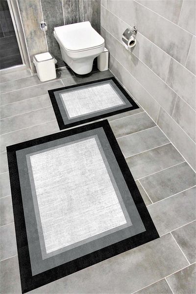 Bordo Halı Water Resistant Digital Printed Bath Mat Set with Non-Slip Base |   Burgundy Carpet 1648