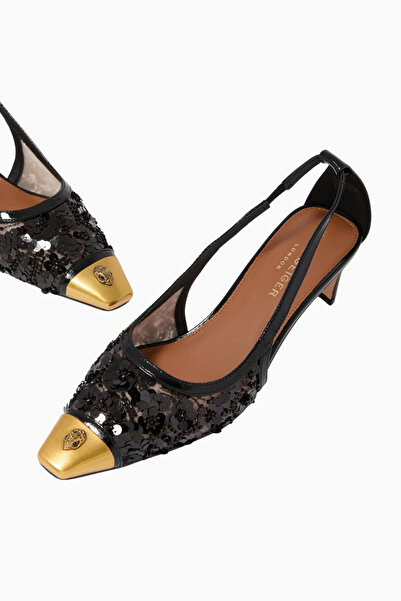 Kurt Geiger Regent 55 Low Open Court Mules, Parıltılı Siyah File ve Antik Pirinç
