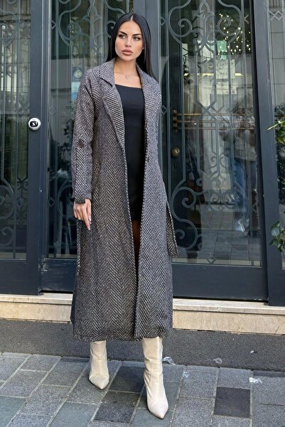 NEW LAVİVA Coffee Double Breasted Neckline, Double Pockets, Waist Belt, Long Herringbone Stamp Coat (No Lining)
