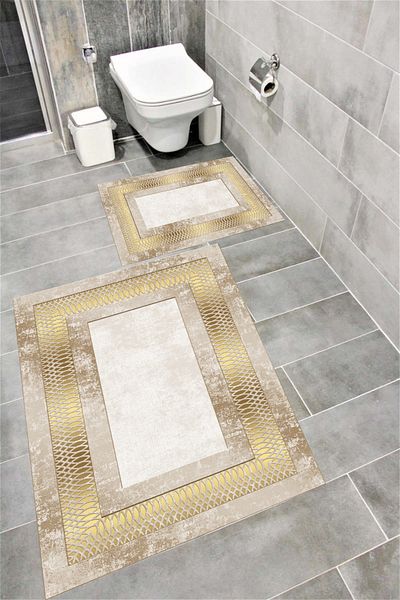 Bordo Halı Water Resistant Digital Printed Bath Mat Set with Non-Slip Base |   Burgundy Carpet 1445