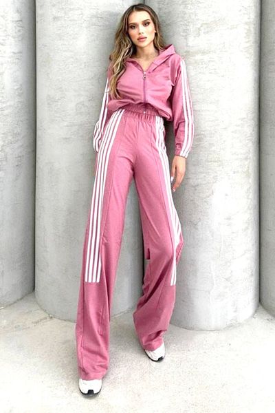 FashionForYou Women's tracksuit with embossed stripes GHIZEL, jacket and flared pants, Pink, L