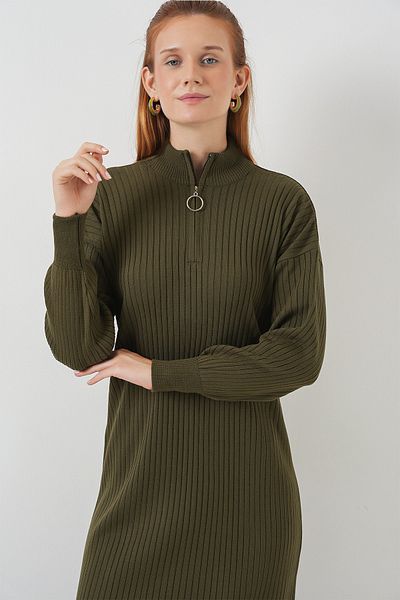 Merterium Women's Long Zippered Knitwear Dress Khaki 1139