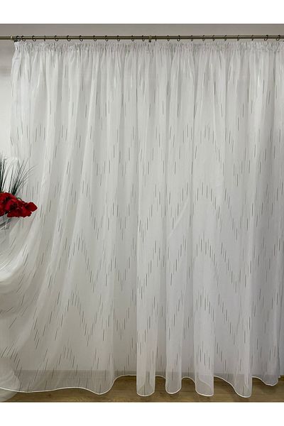 Liz Line White curtain, mechanically embroidered, with drapery, white/green, "Game of lines" by Liz Line PD054