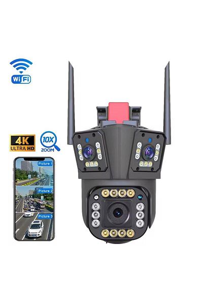 OEM Triple Surveillance Camera - WIFI, 8MP, Ultra HD, 10X Zoom, Rotation, Alarm, Motion Sensor