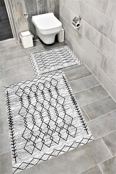 Bordo Halı Water Resistant Digital Printed Bath Mat Set with Non-Slip Base |   Burgundy Carpet 1659