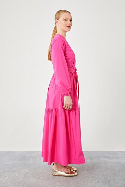 Levidor Fuchsia Crew Neck Garnished Waist Tie Dress