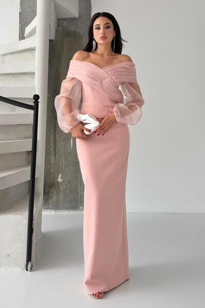 Serica Moda Βραδινό φόρεμα με μανίκια σιφόν σε σκόνη με λεπτομέρεια off the shoulder