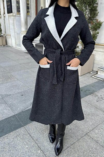 NEW LAVİVA Black Double-Sided Double-Breasted Collar, Belted, Soft Texture, Double Stamp Long Jacket