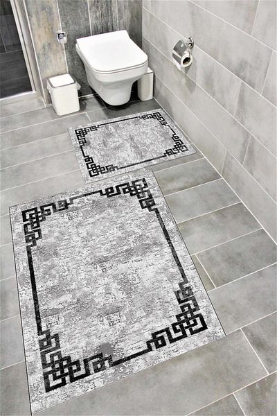 Bordo Halı Water Resistant Digital Printed Bath Mat Set with Non-Slip Base |   Burgundy Carpet 1536