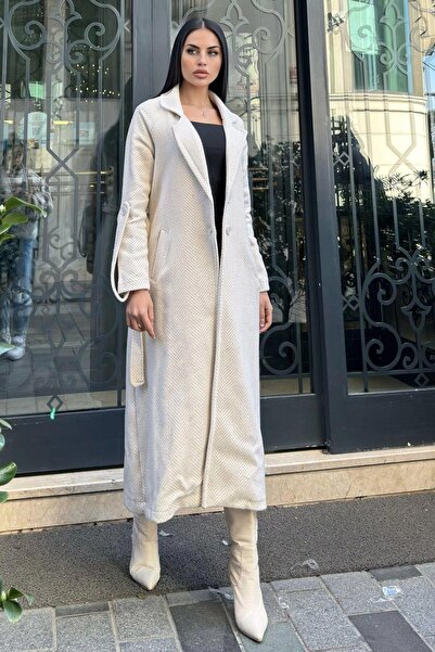 NEW LAVİVA Ecru Double Breasted Neckline, Double Pockets, Waist Belt, Long Herringbone Stamp Coat (No Lining)