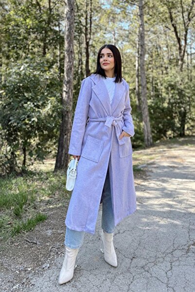 NEW LAVİVA Damă Liliac dublu buzunar, centură în talie, fără nasturi, haină lungă cu ștampilă