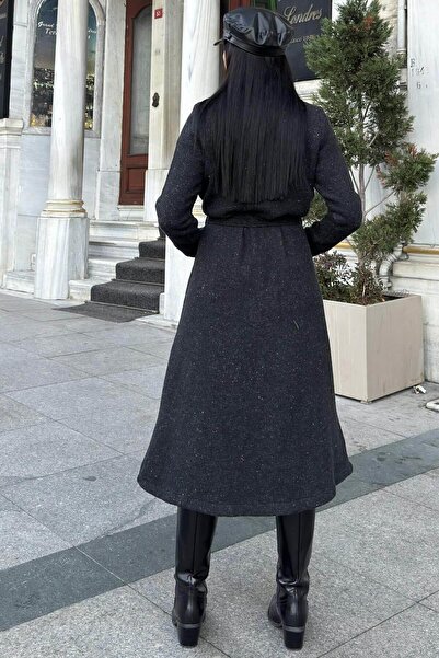 NEW LAVİVA Black Double-Sided Double-Breasted Collar, Belted, Soft Texture, Double Stamp Long Jacket