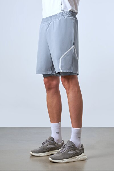 SPORTEMPT Teknik Reflektif Baskılı Erkek Spor Taytlı Şort - Gri