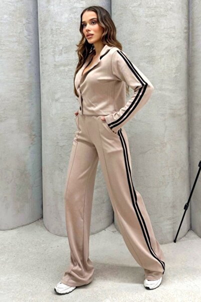 FashionForYou Σετ casual Sporty LINES, μπλούζα με πέτο και παντελόνι καμπάνα , μπεζ