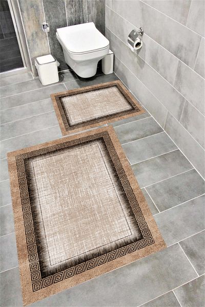 Bordo Halı Water Resistant Digital Printed Bath Mat Set with Non-Slip Base |   Burgundy Carpet 1666