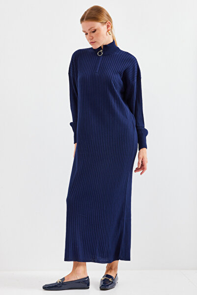 Merterium Women's Long Zippered Knitwear Dress D.Navy Blue 1139