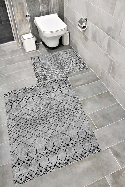 Bordo Halı Water Resistant Digital Printed Bath Mat Set with Non-Slip Base |   Burgundy Carpet 1540