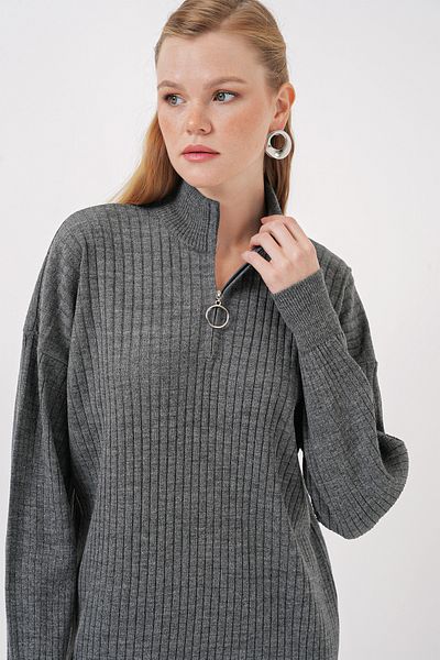 Merterium Women's Long Zippered Knitwear Dress Anthracite 1139