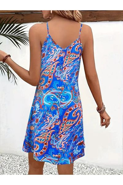 JANES Women's Patterned Short Single Jersey Mini Dress with Rope Strap and V Neck