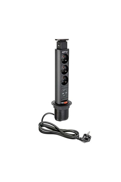 GTV Tower socket, 3 schuko sockets 2 USB 5V 2.1A, 1.5m cable, black,