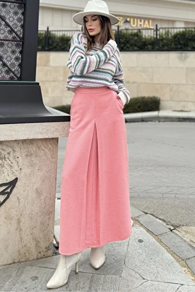 NEW LAVİVA Women's Powder Pleat Detail on the Front, A-Line, Back Zipper Closure, Long Stitched Skirt