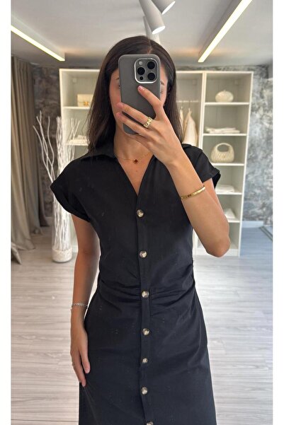 LUUNA STORE DÜĞMELİ KETEN ELBİSE