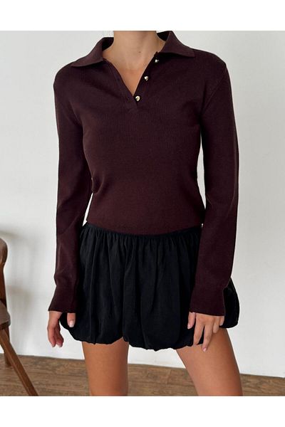 fujya Polo Neck Gold Button Classic Sweater Brown