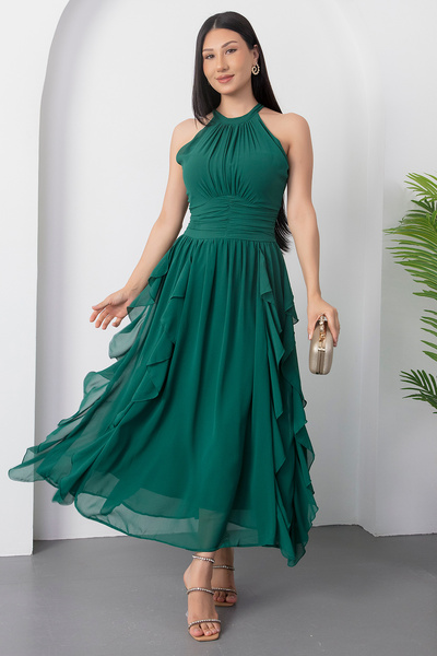 PULLIMM Halter Yaka Fırfırlı Şifon Elbise ELS8561