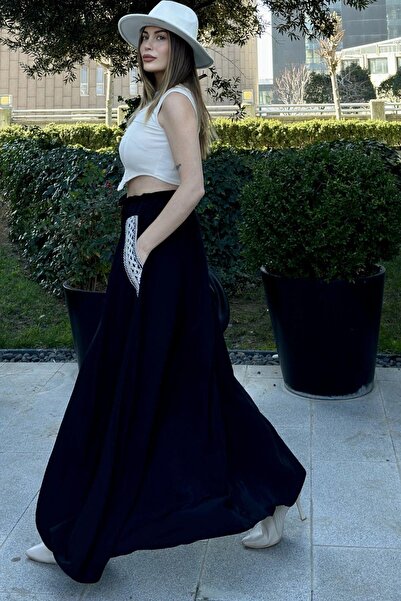 NEW LAVİVA Women's Black Elastic Waist, Pockets Straw Embroidered, Comfortable Fit, Long Kiloş Skirt