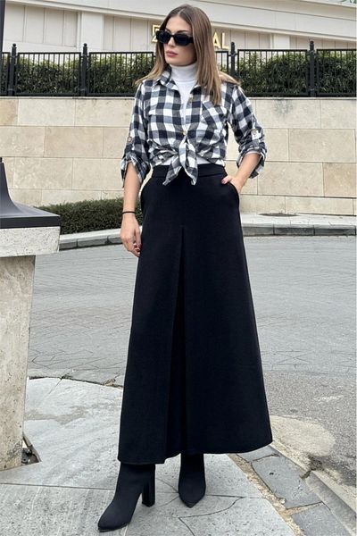 NEW LAVİVA Women's Black Pleat Detail on the Front, A-Line, Zipper Closure on the Back, Long Stem Skirt