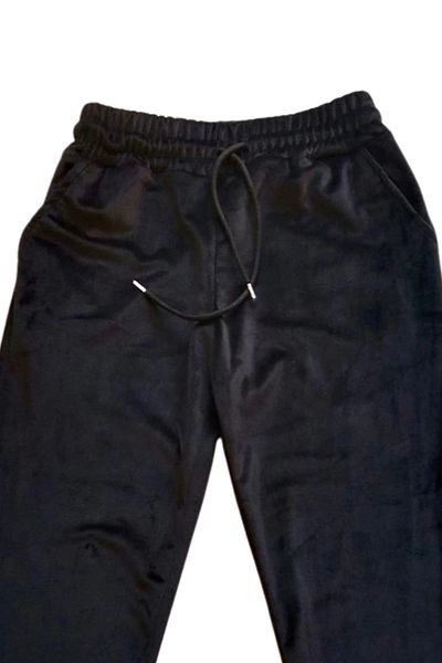 PRATİKOBA Shiny Velvet Pocket Trousers Tracksuit Pajama Bottom Unisex Elastic Leg Black