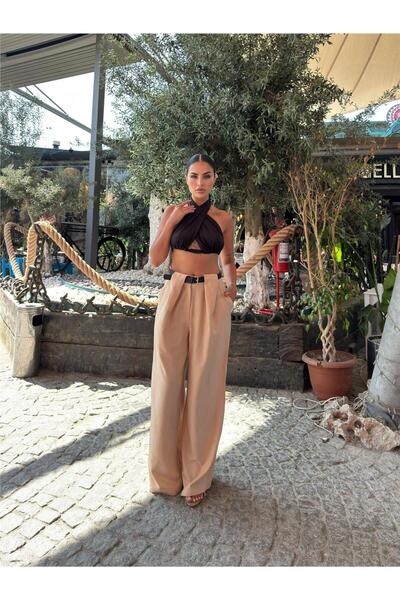 WeShaya Beige Linen Blend Belted Trousers