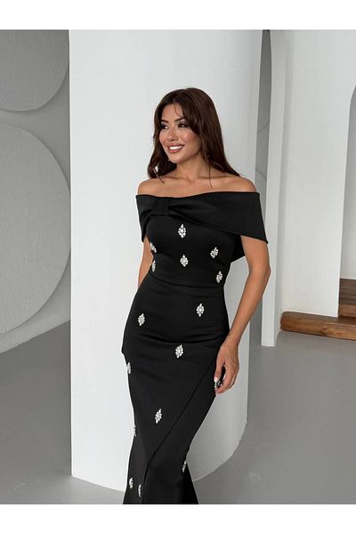 Monchoix Women's Stone Detailed Madonna Collar Evening Dress & Engagement Dress & Invitation Dress & Wedding Dress